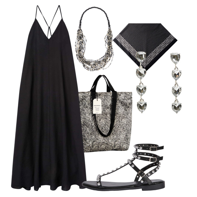 Outfit donna - Maxi dress in black. Stile Trendy per Tutti i giorni. Abbinamento con vestiti lunghi, orecchini, sandali, borse tote, collane, foulard.