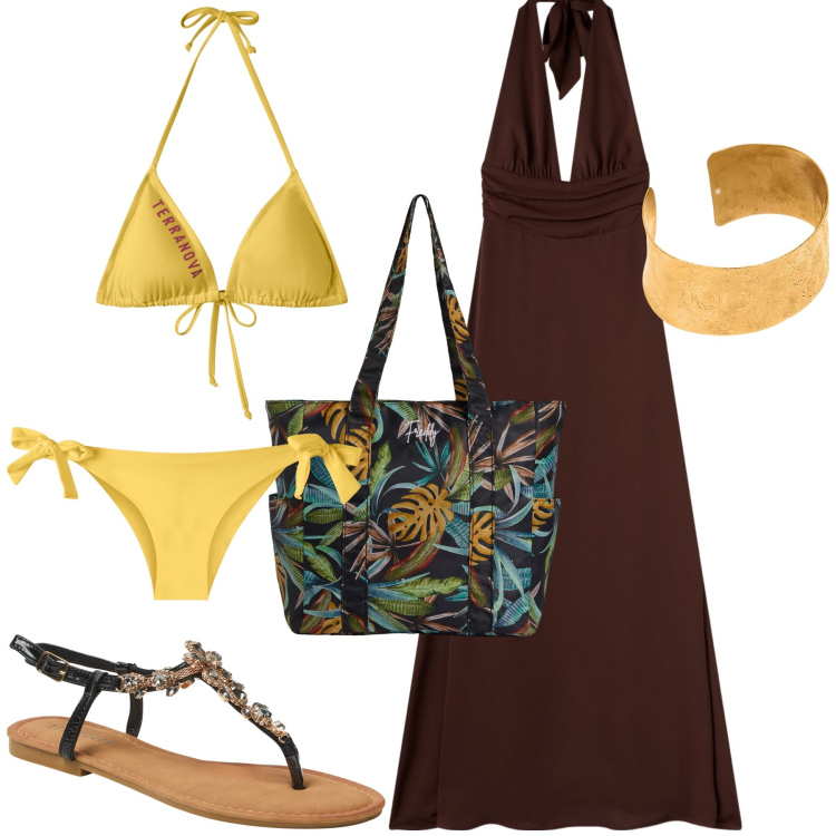 Outfit donna - Mare. Stile Casual chic per Mare. Abbinamento con bikini, bikini, vestiti lunghi, sandali gioiello, shopping bag, braccialetti.