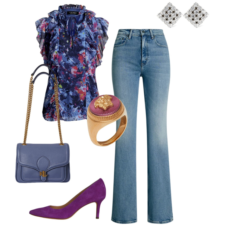 Outfit donna - Total look #2177498. Abbinamento con anelli, décolleté, jeans bootcut, borse a spalla, top, orecchini.