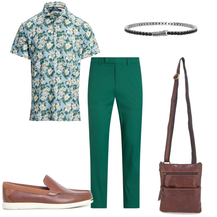 Outfit uomo - Giorno in allegria. Stile Trendy per Tutti i giorni. Abbinamento con braccialetti, pantaloni, polo, portafogli, scarpe stringate.