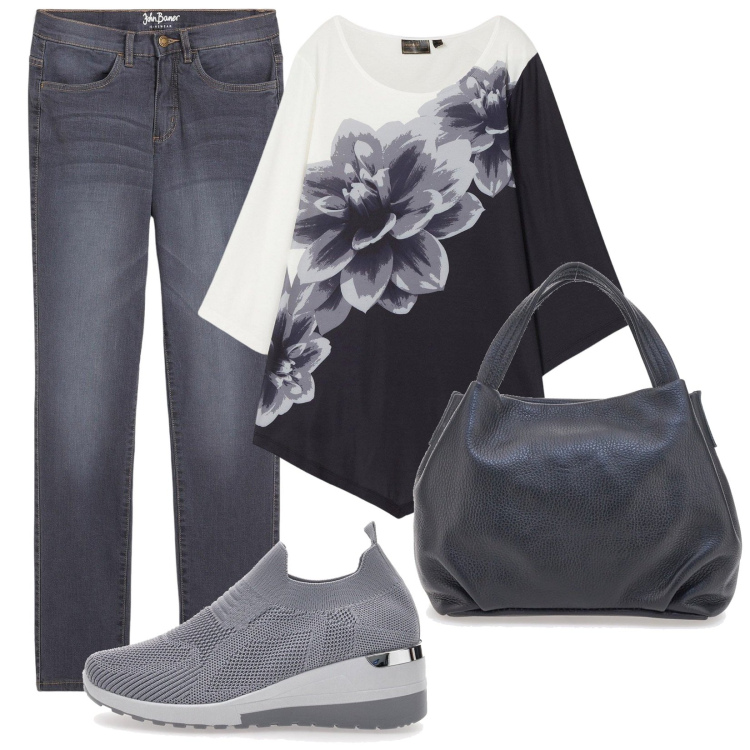 Outfit donna - Maglia stampa fiori. Stile Casual per Tutti i giorni. Abbinamento con jeans dritti, maglieria, sneakers, borse a spalla.