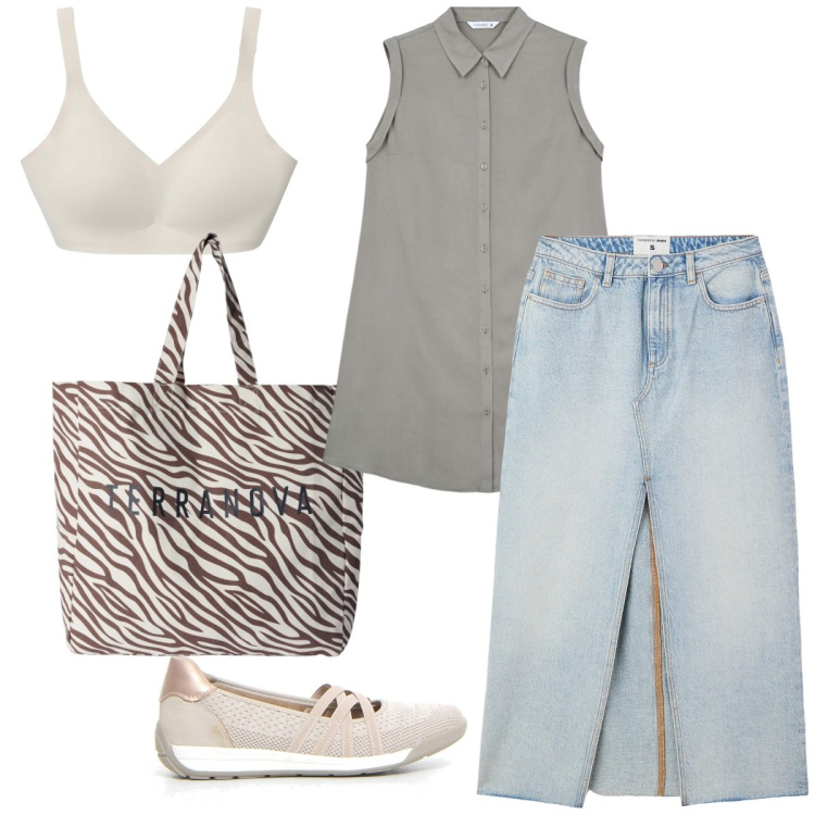 Outfit donna - Gonna e camicia. Stile Casual chic per Tutti i giorni. Abbinamento con reggiseni, borse tote, camicie a manica corta, gonne lunghe, ballerine.