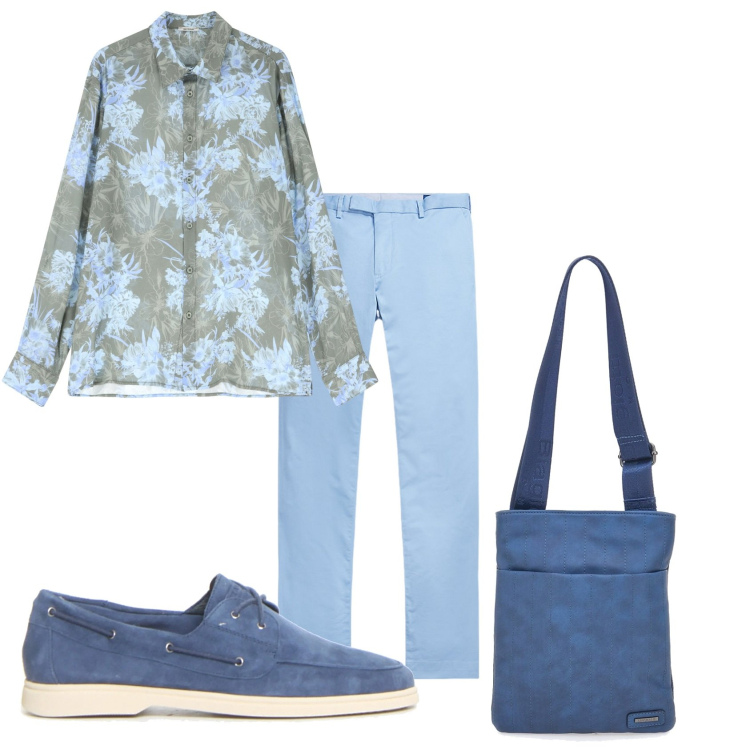 Outfit uomo - Il celeste per la giornata. Stile Trendy per Tutti i giorni. Abbinamento con camicie, pantaloni chino, portafogli, scarpe stringate.