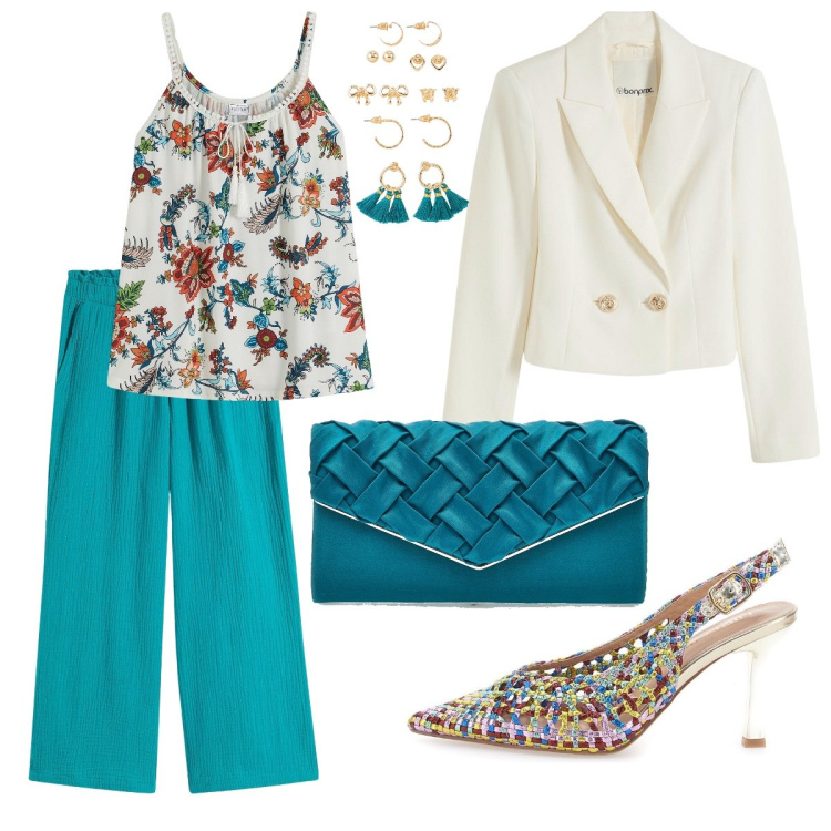 Outfit donna - Il blazer corto. Stile Chic per Serata fuori. Abbinamento con pantaloni culotte, top, orecchini, blazer, décolleté, borse a tracolla.