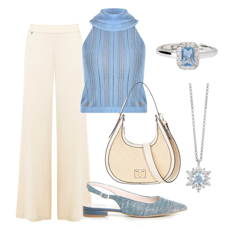 Outfit donna - Palazzo e top di sera. Stile Bon Ton per Serata fuori. Abbinamento con collane, anelli, top, pantaloni a palazzo, borse a mano, décolleté.