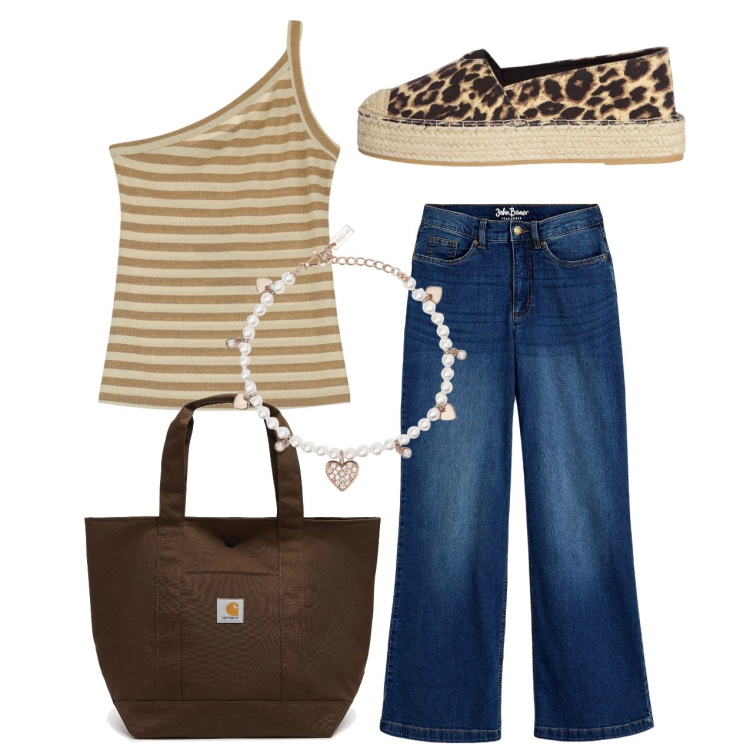 Outfit donna - Righe a giugno. Stile Casual per Tutti i giorni. Abbinamento con jeans, espadrillas, braccialetti, top, borse tote.