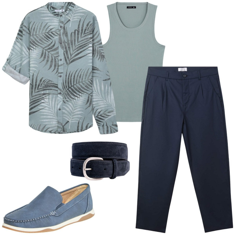 Outfit uomo - Look da aperitivo estivo. Stile Casual per Serata speciale. Abbinamento con scarpe stringate, pantaloni chino, camicie, canottiere, cinture.