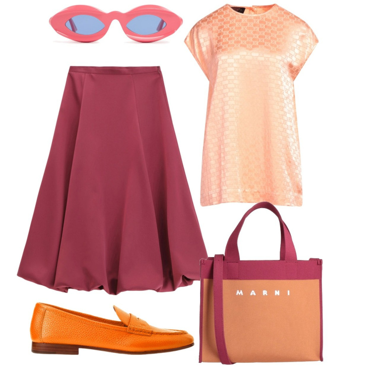 Outfit donna - Giugno in gonna. Stile Bon Ton per Ufficio. Abbinamento con top, borse a mano, gonne longuette, mocassini, occhiali da sole.