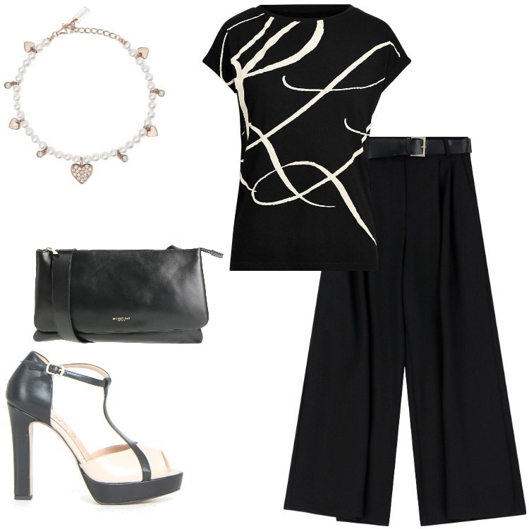 Outfit donna - Stile bicolor. Stile Chic per Tutti i giorni. Abbinamento con borse a tracolla, braccialetti, pantaloni a palazzo, maglieria, sandali col tacco.