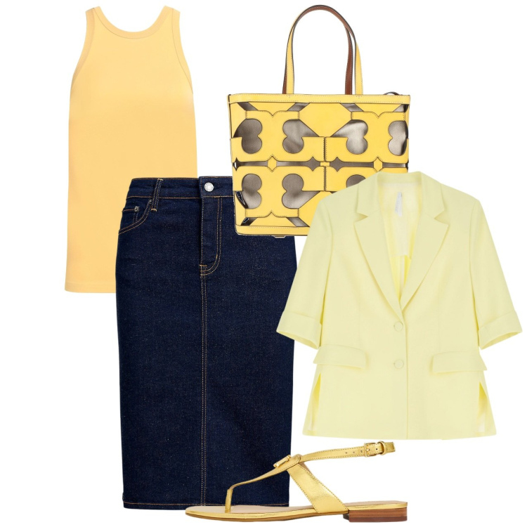 Outfit donna - Giallo e blu. Stile Chic per Ufficio. Abbinamento con borse a mano, canottiere, blazer, gonne, sandali in pelle.