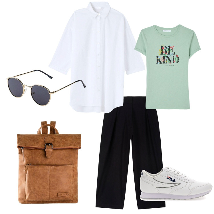 Outfit donna - Comodità per tutti i giorni/in ufficio. Stile Casual per Tutti i giorni. Abbinamento con zaini, occhiali da sole, t-shirt, camicie, sneakers, pantaloni.