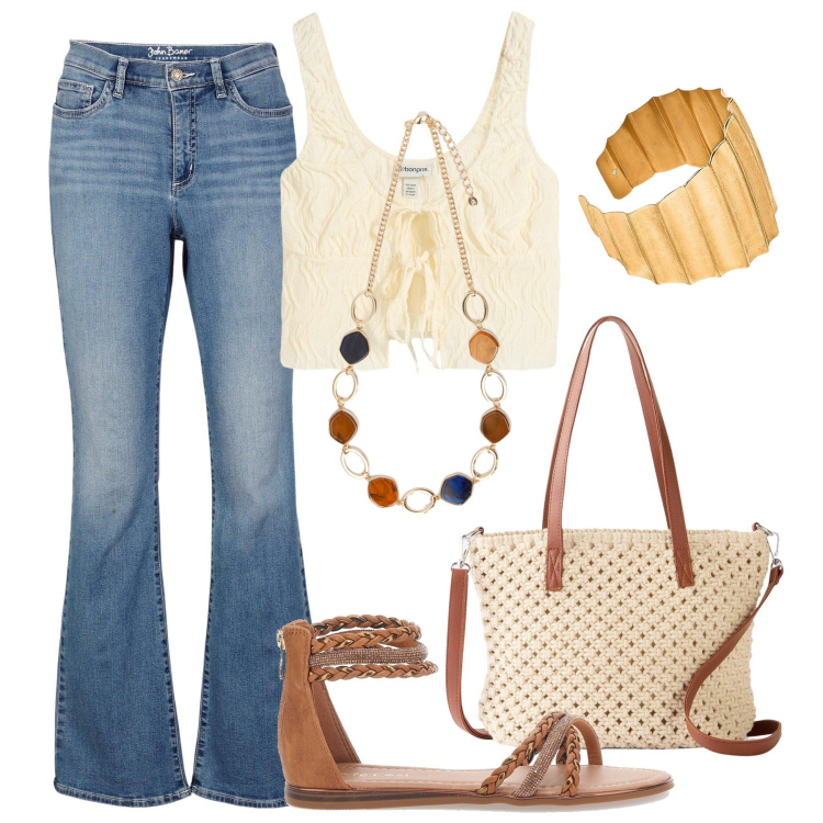 Outfit donna - City boho. Stile Boho per Tutti i giorni. Abbinamento con jeans bootcut, borse a mano, top, sandali, collane, braccialetti.