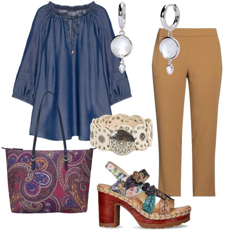 Outfit donna - Boho chic da giorno. Stile Boho per Tutti i giorni. Abbinamento con pantaloni, cinture, orecchini, borse tote, bluse, sandali col tacco.