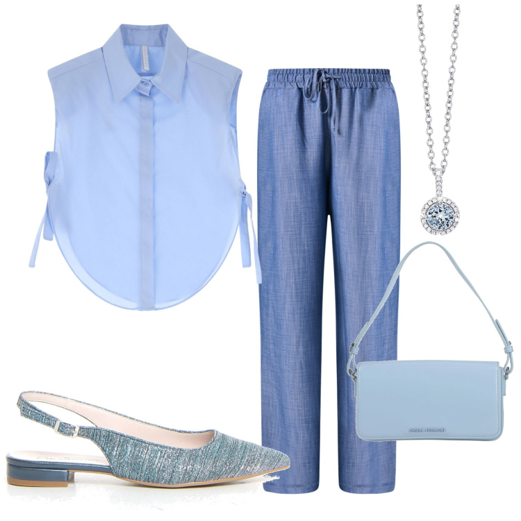 Outfit donna - Jeans leggeri. Stile Casual chic per Ufficio. Abbinamento con borse a mano, collane, pantaloni, camicie, décolleté.