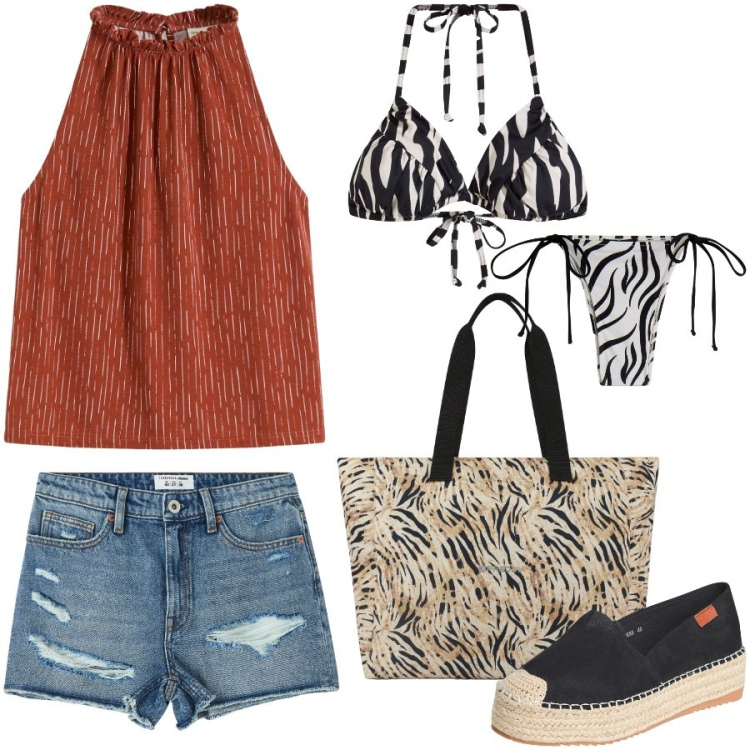 Outfit donna - Total look #2177558. Stile Casual per Mare. Abbinamento con top, bikini, shorts, espadrillas, bikini, shopping bag.