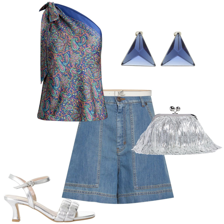 Outfit donna - Serata al mare. Stile Sporty chic per Serata fuori. Abbinamento con orecchini, sandali col tacco, top, cinture, pochette, bermuda.