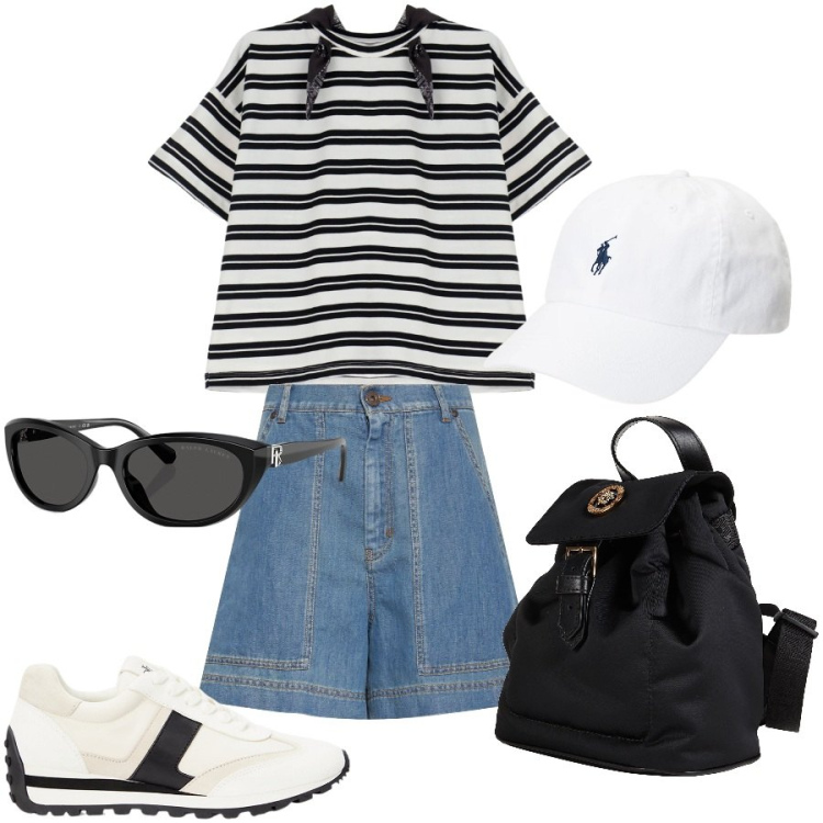 Outfit donna - Ultimi giorni di scuola. Stile Casual chic per Scuola/Università. Abbinamento con zaini, t-shirt, occhiali da sole, cappelli, sneakers, bermuda.