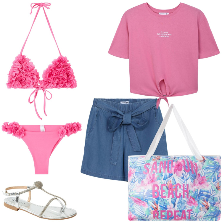 Outfit donna - Terranova Summer Vibes. Stile Casual per Mare. Abbinamento con shorts, bikini, borse tote, t-shirt, ciabatte, bikini.