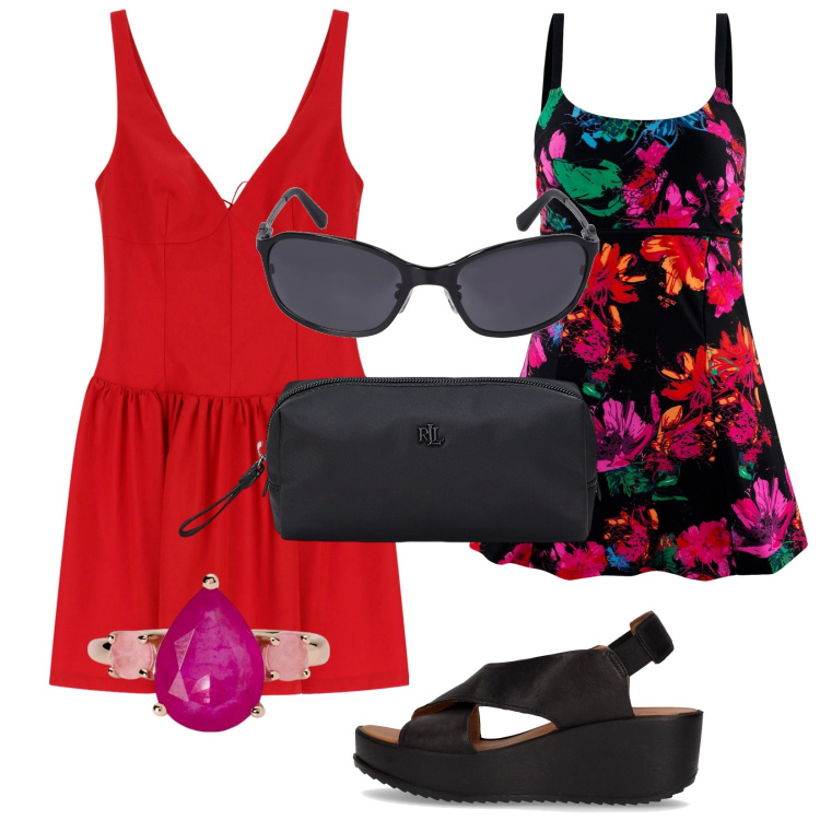 Outfit donna - Barcelloneta. Stile Trendy per Mare. Abbinamento con vestiti da spiaggia, anelli, vestiti corti, pochette, sandali, occhiali da sole.