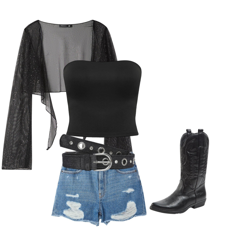 Outfit donna - Rock Country. Stile Rock per Tutti i giorni. look ideale per Petite. Abbinamento con blazer, top, stivali, shorts, cinture.