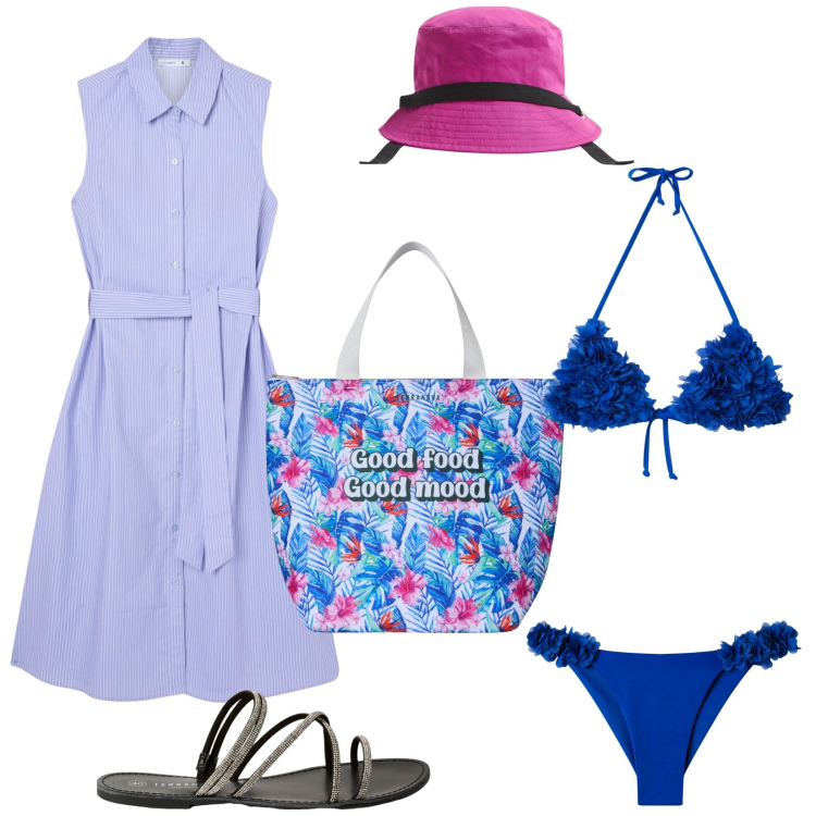 Outfit donna - Terranova Summer Vibes. Stile Bon Ton per Mare. Abbinamento con vestiti chemisier, bikini, cappelli, bikini, borse tote, sandali.
