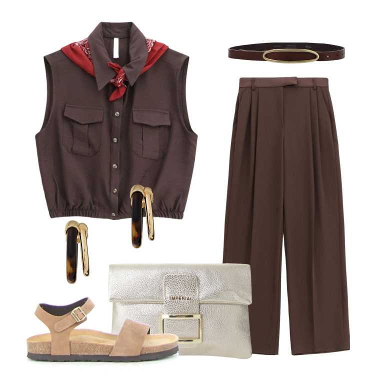 Outfit donna - Minimal chic. Stile Casual chic per Tutti i giorni. Abbinamento con pantaloni, camicie, pochette, cinture, orecchini, sandali.