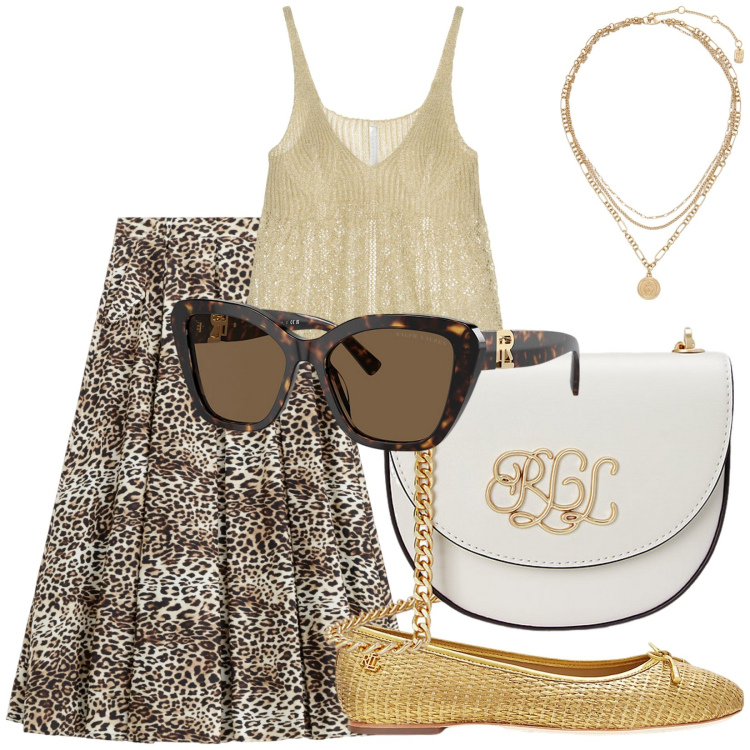 Outfit donna - Gita in barca. Stile Casual chic per Tutti i giorni. Abbinamento con gonne longuette, top, borse a tracolla, occhiali da sole, ciondoli, ballerine.