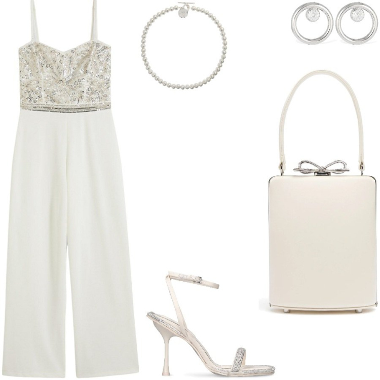 Outfit donna - La tuta preziosa. Stile Chic per Cerimonia. Abbinamento con tute, collane, sandali in pelle, orecchini, borse a mano.