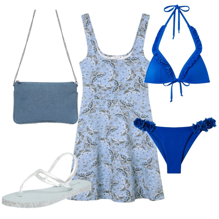 Outfit donna - Terranova : azzurro mare. Stile Trendy per Mare. Abbinamento con vestiti corti, bikini, sandali, borse a tracolla, bikini.