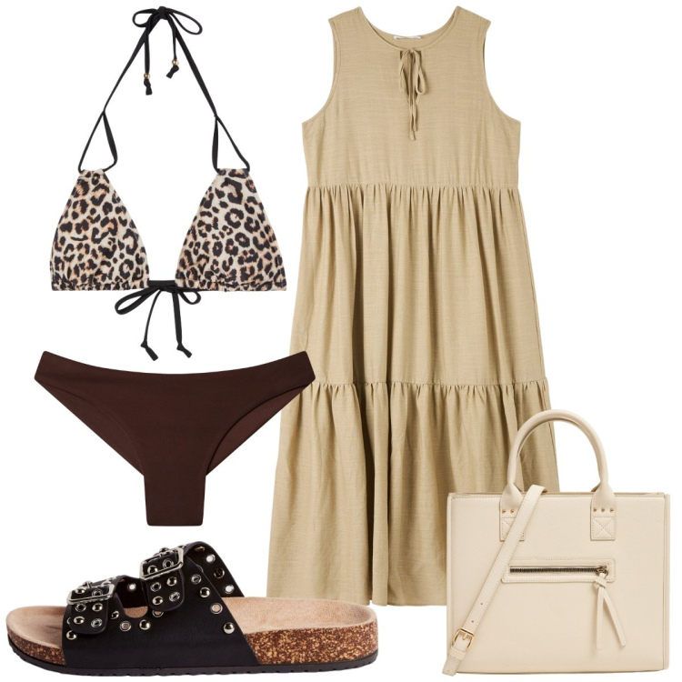 Outfit donna - Terranova : animalier è trendy. Stile Trendy per Mare. Abbinamento con shopping bag, vestiti senza maniche, bikini, ciabatte, bikini.