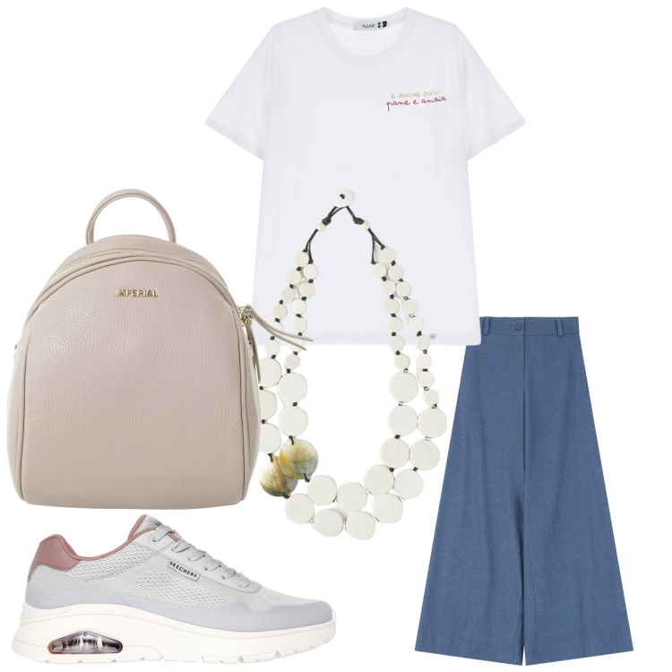 Outfit donna - Giugno. Stile Casual per Tutti i giorni. Abbinamento con jeans, t-shirt, zaini, sneakers, ciondoli.