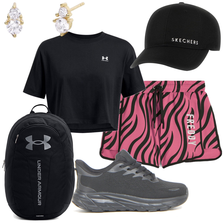Outfit donna - Orecchini in palestra. Stile Sporty chic per Sport. Abbinamento con orecchini, pantaloni corti, t-shirt, cappelli, zaini, sneakers.