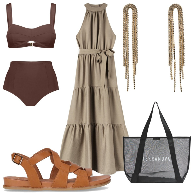 Outfit donna - Maxi dress mare e città. Stile Trendy per Tutti i giorni. Abbinamento con vestiti lunghi, shopping bag, orecchini, bikini, sandali.