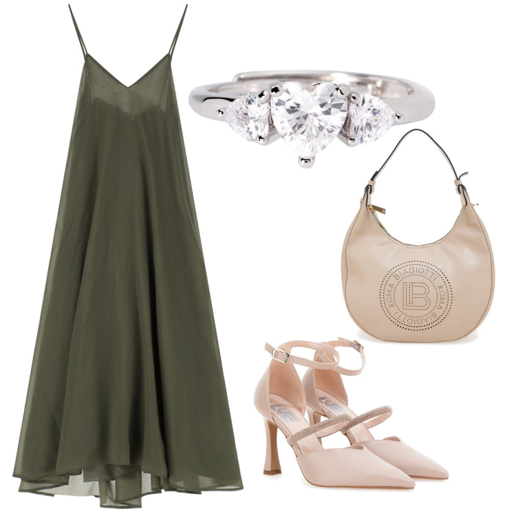 Outfit donna - Festa di fidanzamento. Stile Chic per Serata fuori. Abbinamento con anelli, vestiti midi/longuette, décolleté, borse a spalla.