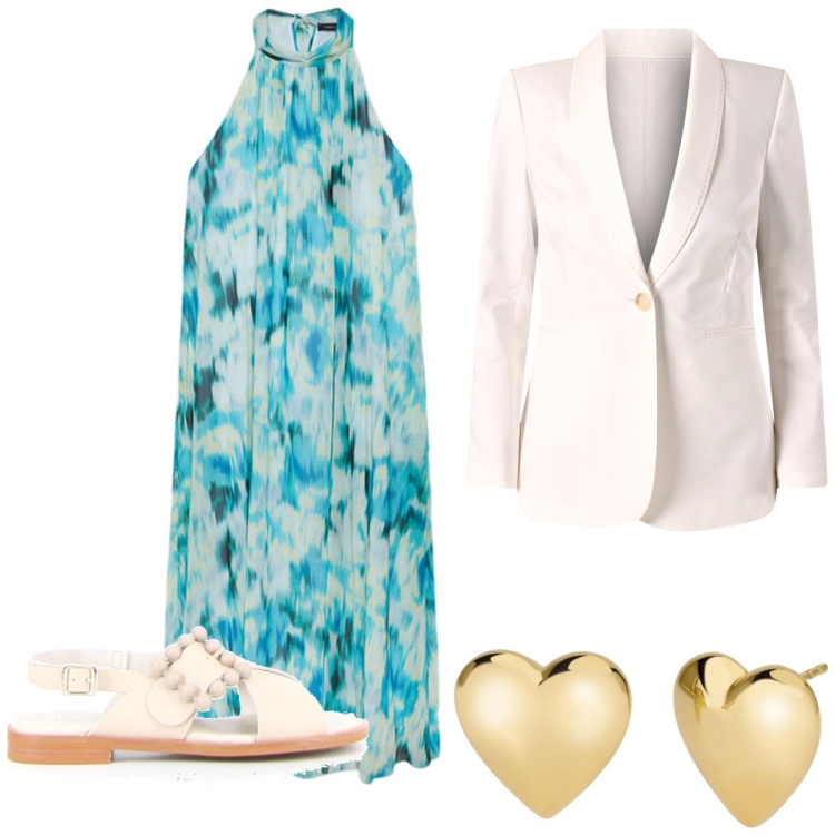 Outfit donna - Maxi dress romantico. Stile Romantica per Tutti i giorni. Abbinamento con orecchini, blazer, vestiti lunghi, sandali.