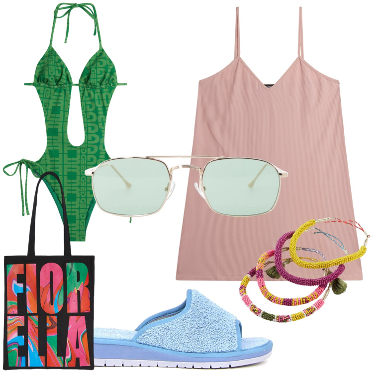 Outfit donna - Vacanza coloratissima. Stile Trendy per Mare. Abbinamento con braccialetti, occhiali da sole, vestiti corti, costumi interi, borse tote, ciabatte.