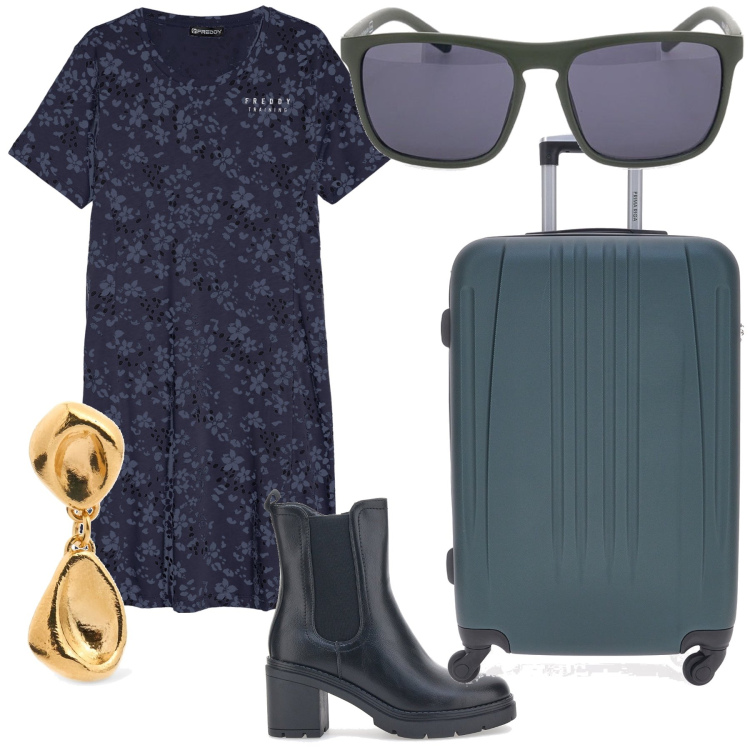 Outfit donna - Semplicemente in viaggio. Stile Trendy per Tutti i giorni. Abbinamento con vestiti, stivaletti chelsea, occhiali da sole, orecchini, valigie.