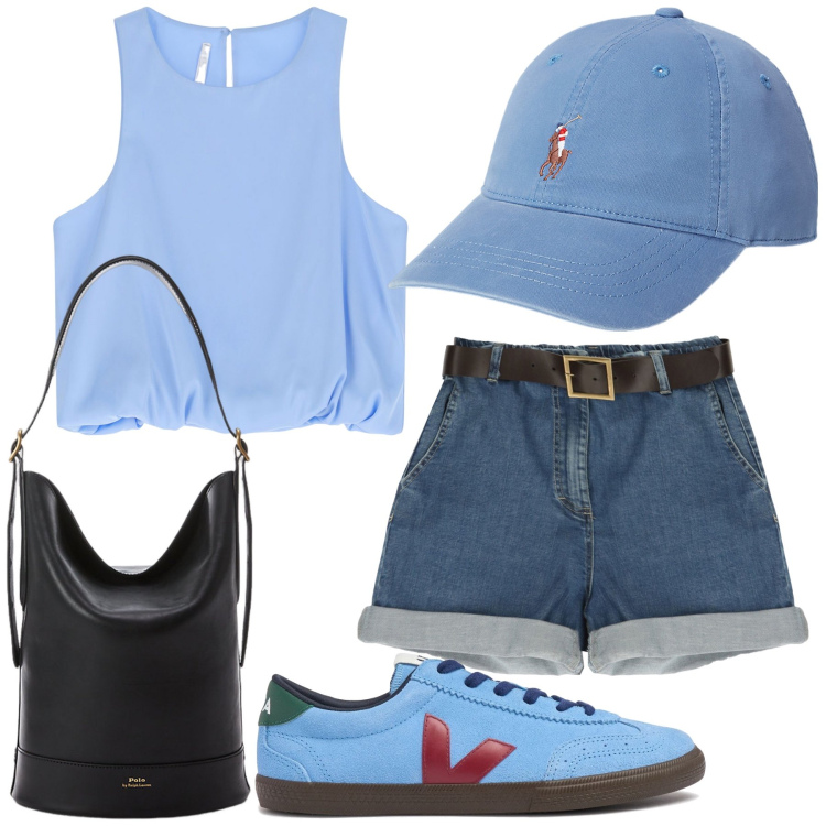 Outfit donna - Mattinata di giugno. Stile Casual chic per Tutti i giorni. Abbinamento con bermuda, top, borse a secchiello, cappelli, sneakers.