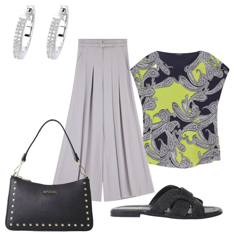 Outfit donna - Cena di lavoro informale. Stile Minimal per Serata fuori. Abbinamento con orecchini, pantaloni, borse a spalla, sandali, bluse.