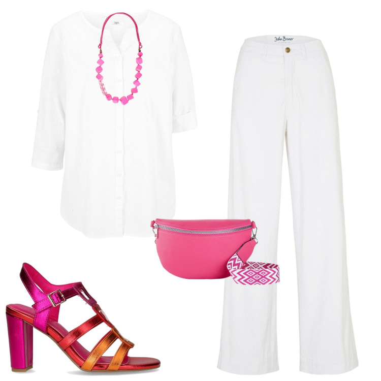 Outfit donna - Un tocco di colore. Stile Casual chic per Serata fuori. Abbinamento con jeans, camicie, marsupi, collane, sandali col tacco.