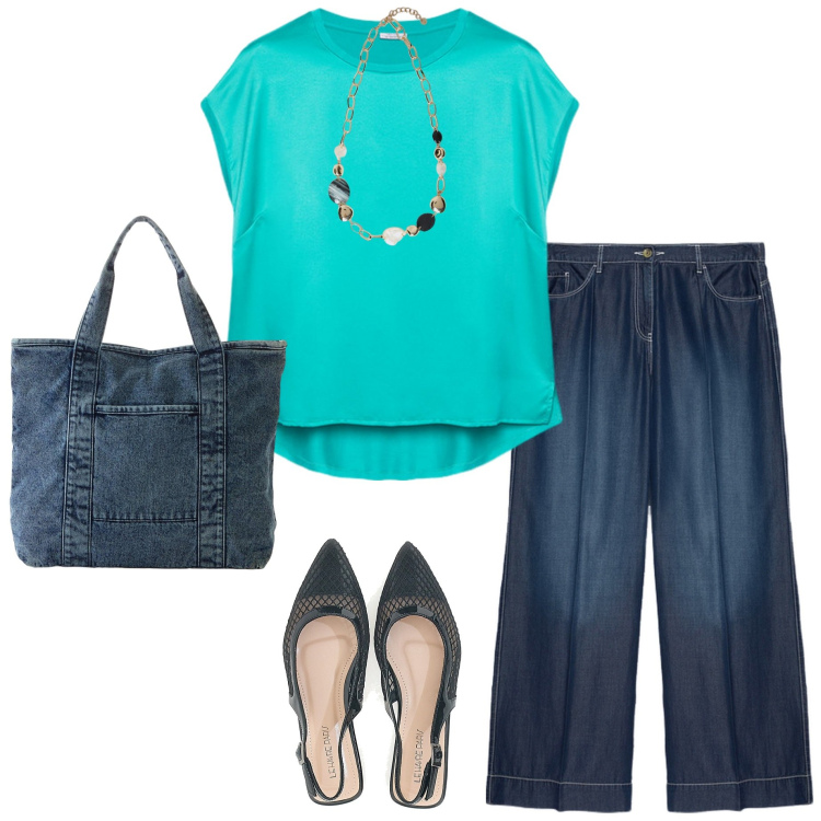Outfit donna - In ufficio. Stile Casual chic per Ufficio. Abbinamento con shopping bag, ballerine, pantaloni, collane, bluse.