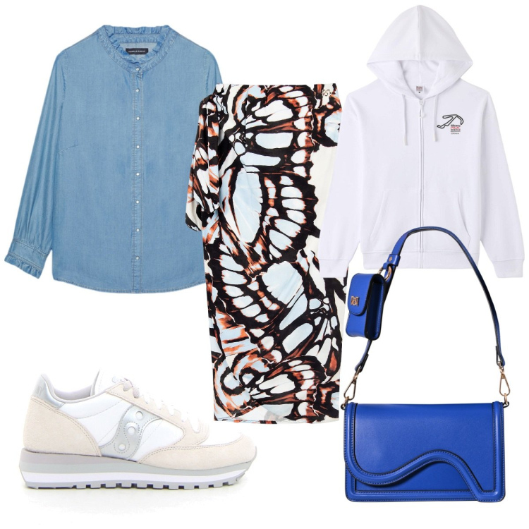 Outfit donna - Camicia e gonna midi e sei sporty- chic. Stile Sporty chic per Tutti i giorni. Abbinamento con felpe con cappuccio, pochette, gonne longuette, camicie, sneakers.