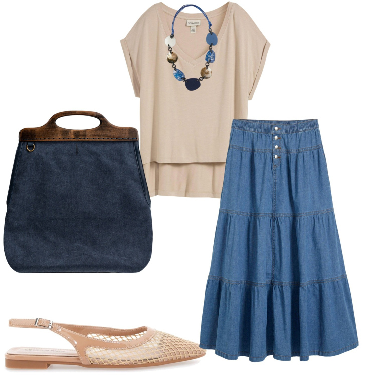 Outfit donna - In città. Stile Casual chic per Tutti i giorni. Abbinamento con bluse, gonne, ballerine, borse a tracolla, collane.