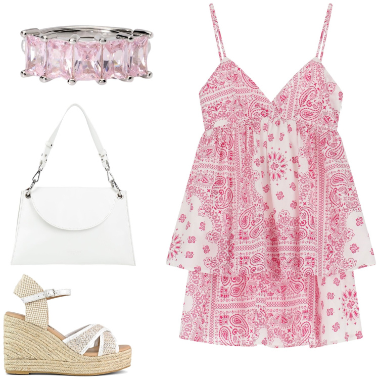 Outfit donna - Total look #2177646. Stile Boho per Tutti i giorni. Abbinamento con borse a mano, anelli, vestiti corti, zeppe.