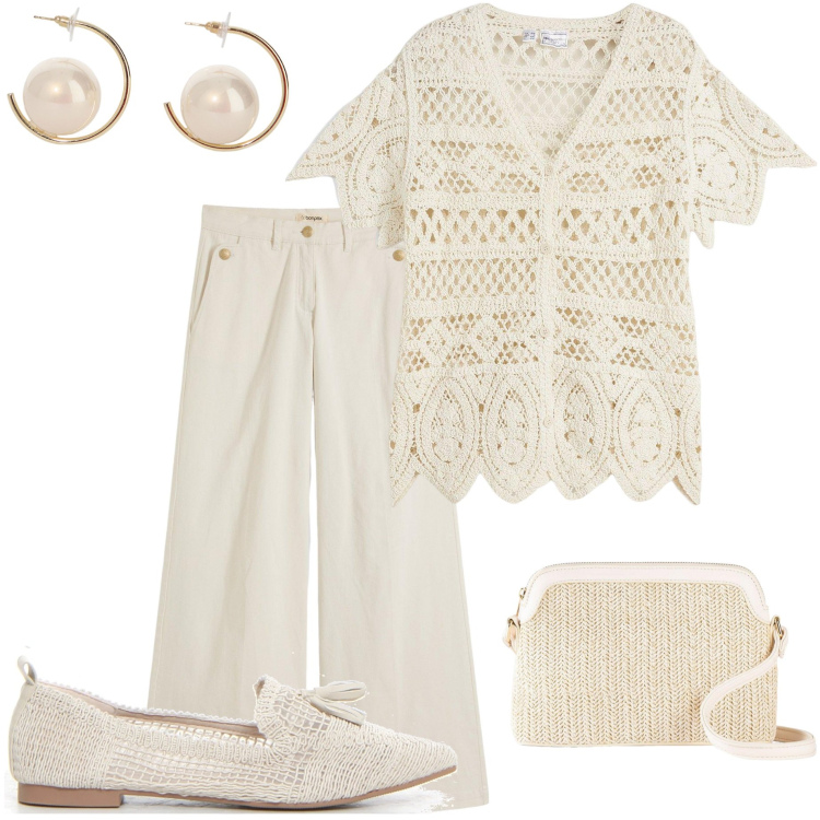 Outfit donna - Serata con amici. Stile Boho per Serata fuori. Abbinamento con borse a tracolla, pantaloni, cardigans, orecchini, ballerine.