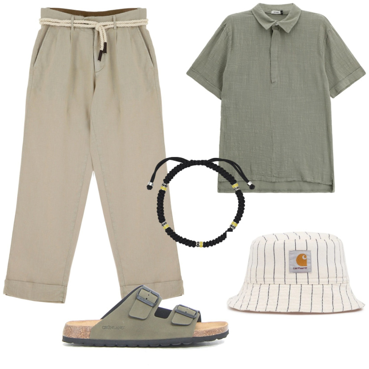 Outfit uomo - Perfetto per l\'estate. Stile Trendy per Tutti i giorni. Abbinamento con braccialetti, pantaloni chino, polo, cappelli, sandali.