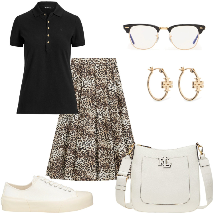 Outfit donna - Pronta per uscire. Stile Trendy per Tutti i giorni. Abbinamento con sneakers, gonne longuette, polo, borse a tracolla, occhiali da sole, orecchini.