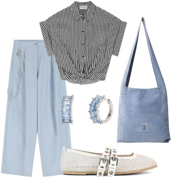 Outfit donna - la camicia a quadrettini.... Stile Casual per Tutti i giorni. Abbinamento con orecchini, pantaloni, borse a tracolla, camicie, ballerine.