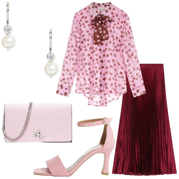 Outfit donna - Giugno a pois - @danipoetessa73. Stile Romantica per Cerimonia. Abbinamento con gonne lunghe, sandali col tacco, camicie, orecchini, borse a tracolla.