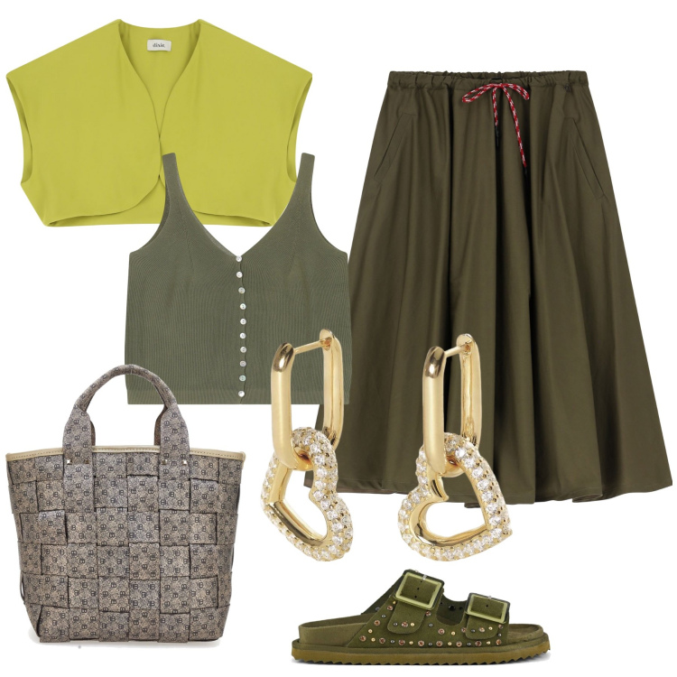 Outfit donna - Total look #2177664. Stile Chic per Tutti i giorni. Abbinamento con orecchini, top, gonne longuette, gilet, sandali, borse a mano.